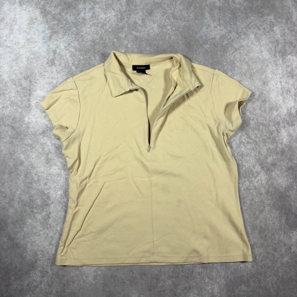 Express Womens XL Beige Short Sleeve Quarter Zip Polo Shirt Collared Cotton
